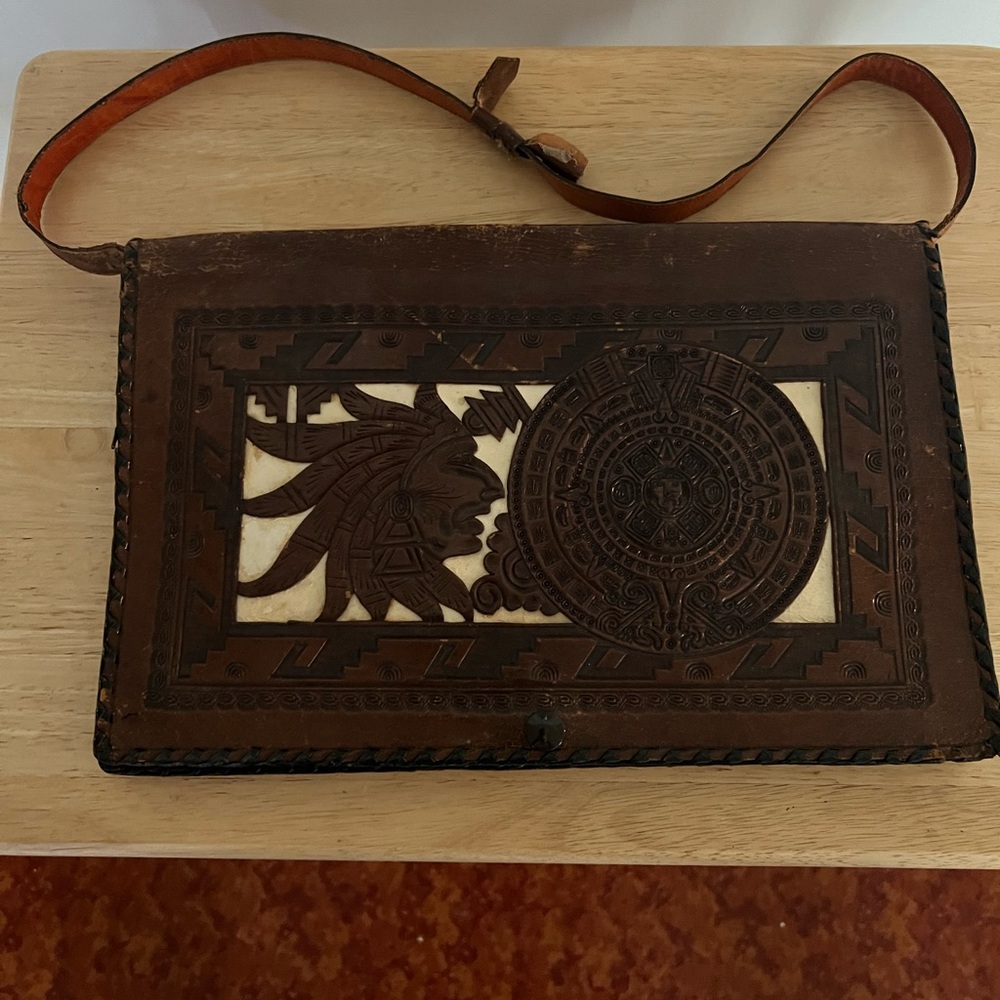 Vintage Hand Tooled Leather Shoulder Bag with Aztec Design